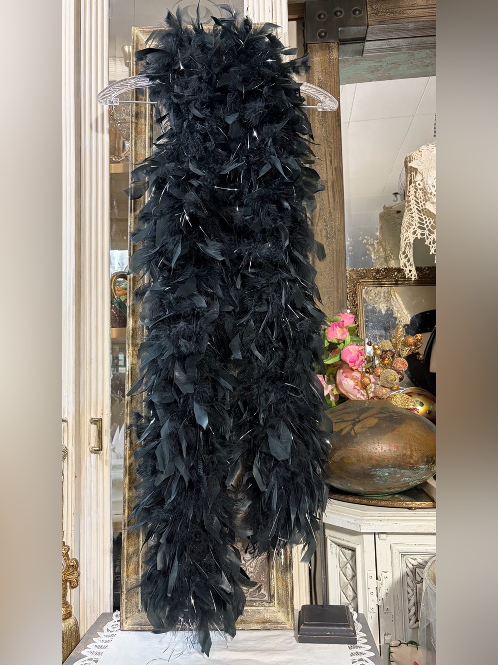 Black feather boa silver tinsel 70”